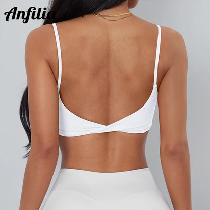 Anfilia Women Sports Bra Spaghetti Straps Backless Gym Bra High Elastic Square Neck Removable Padding Workout Top