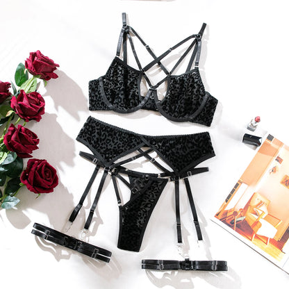 Krasapt Leopard Partten Sexy Transparent 3 Items Velvet Lingerie Sets Mesh Sheer Cut-out Female Underwear Romantic Back Night