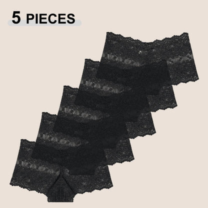 5Pcs/Set Sexy Lace Perspective Panties Solid Color Hollow Out High Waist Star Boyshort Female Elastic Transparents Boxer Shorts