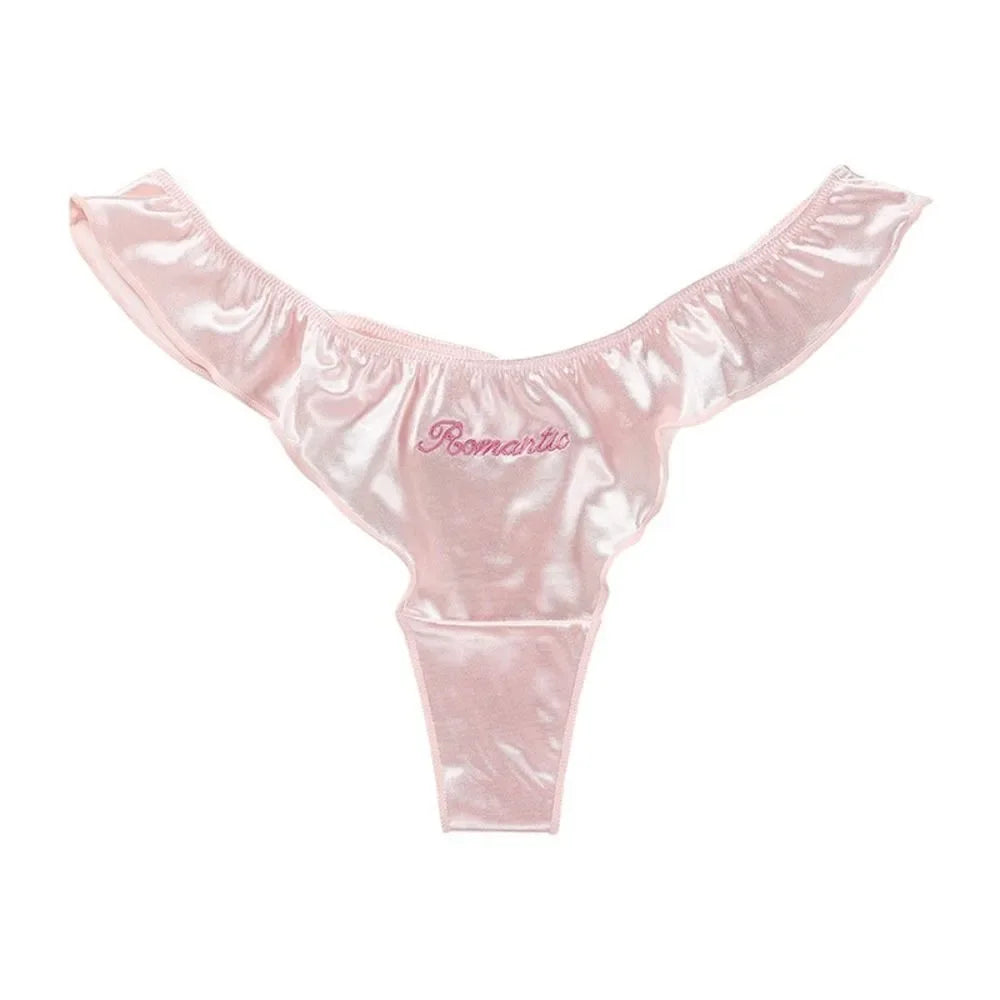 Sweet Pink Satin Silk Ruffle Thong Sexy Low Waist G-String Briefs for Women Ice Silk Underwear Female Intimates Lingerie