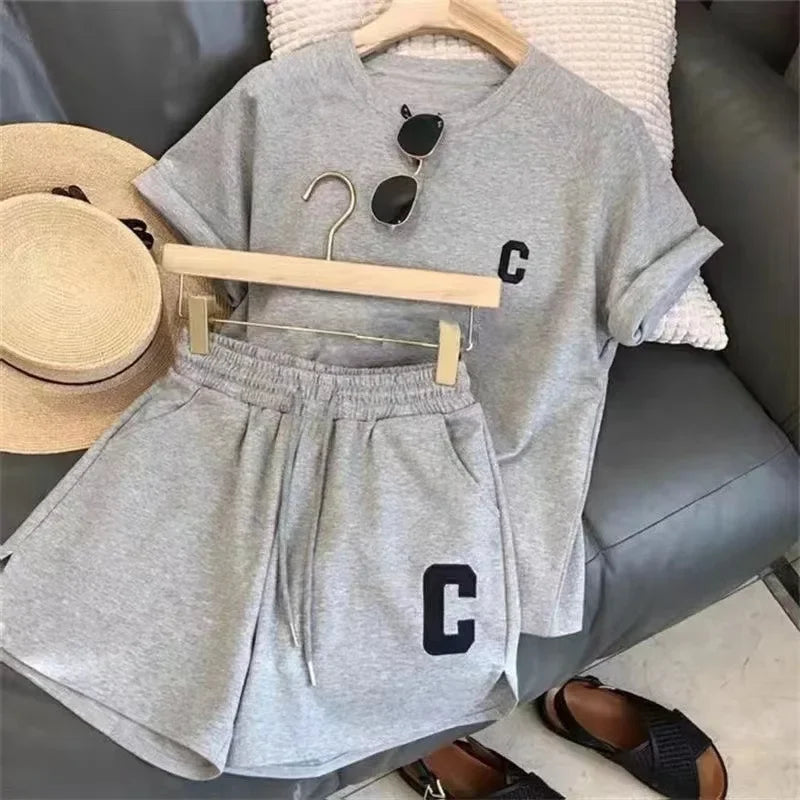 2 Piece Set Women Summer Sleepwear Loose Short Sleeve T-Shirt Casual Shorts Sports Print Letter Suit Large Size Short Pajamas
