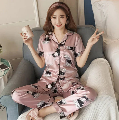 2025 Satin Silk Pajamas Set Women Cartoon Printed Full Sleeve Sleepwear Pijamas Suit Homewear 2 Pieces Loungewear Pjs Plus Size