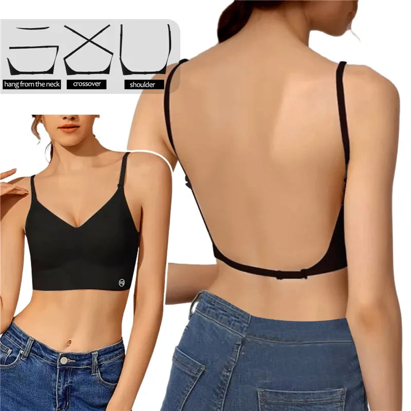 Sexy U-shaped Back Lingerie Female Inner Wear Summer Thin Without Trace Backless Triangle Cup Polymerization Bra