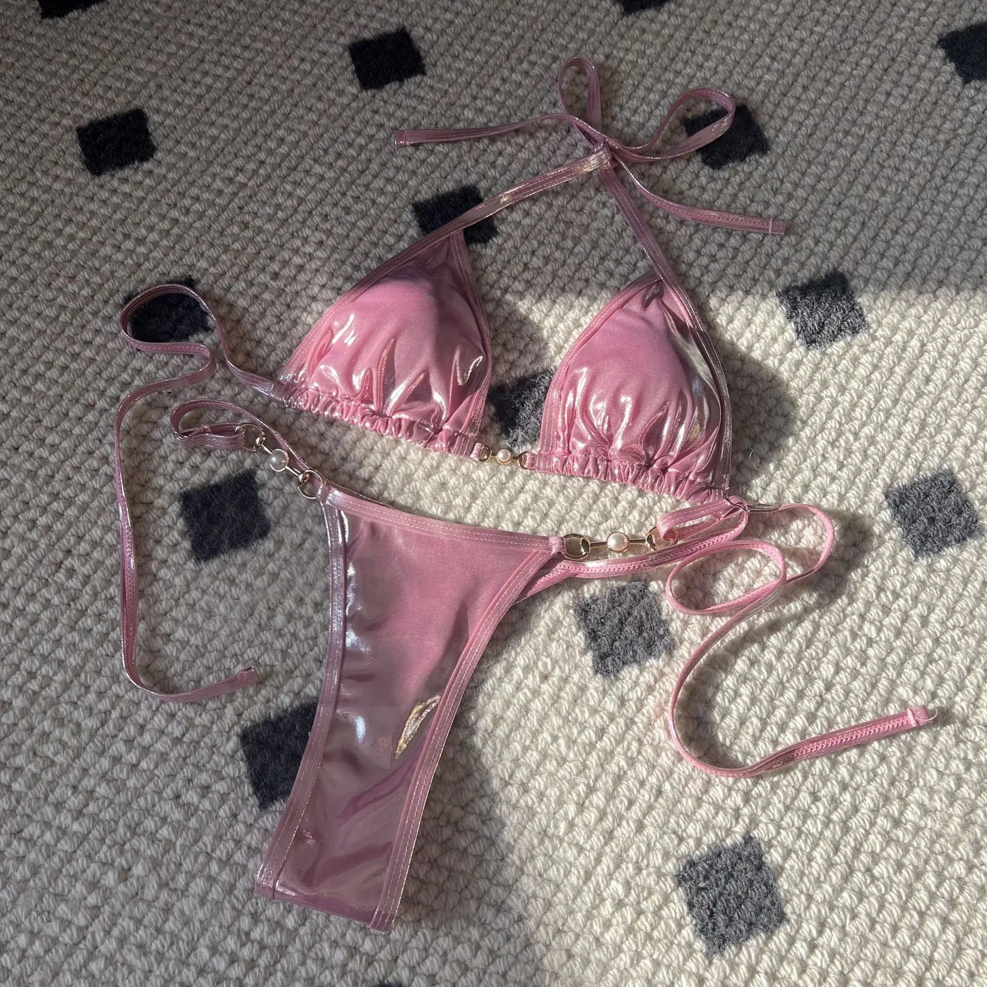 Shiny Pink Micro Bikini Set Mujer Women Sexy Push Up Thong Swimsuit Summer Bathing Suit Bandage Holiday Swimwear Women Biquine