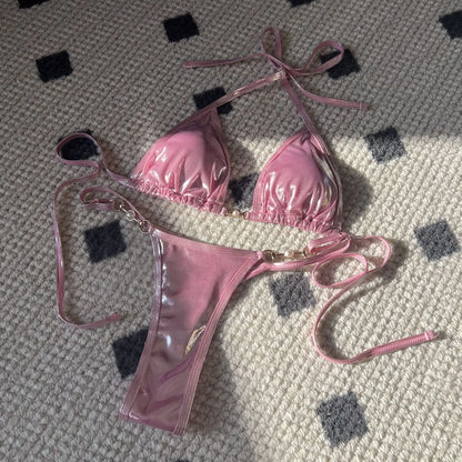 Shiny Pink Micro Bikini Set Mujer Women Sexy Push Up Thong Swimsuit Summer Bathing Suit Bandage Holiday Swimwear Women Biquine