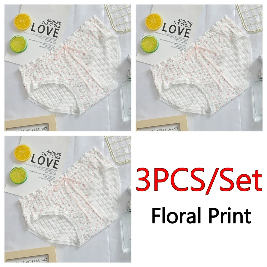 3PCS/Set Cotton Panties Women Underwear Panty Fashion Thread Bow Briefs Lovely Girl Seamless Underpants Female Lingerie Selling
