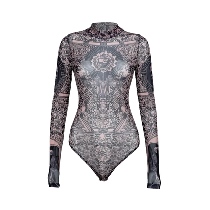 Gothic Print Naked See Through Bodycon Jumpsuits Y2K Lace Mesh Long Sleeve Slim Bodysuits Women Summer T-Shirts Tops Streetwear