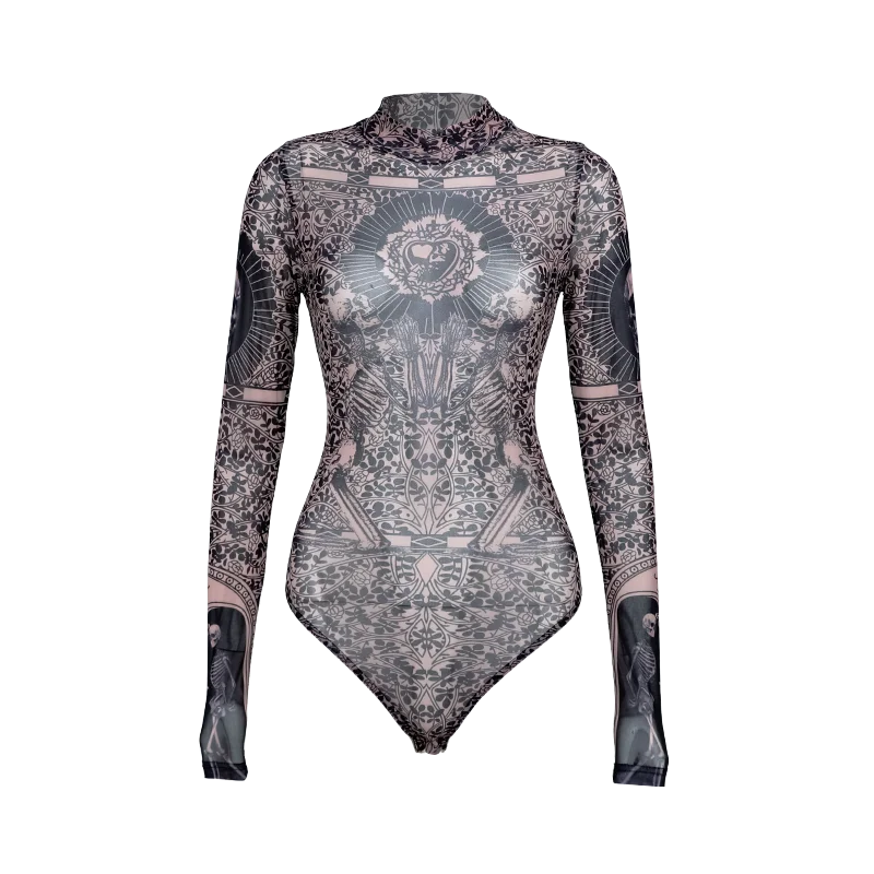 Gothic Print Naked See Through Bodycon Jumpsuits Y2K Lace Mesh Long Sleeve Slim Bodysuits Women Summer T-Shirts Tops Streetwear