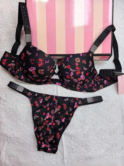 Rhinestone Sexy Women Bra Set Bralette Girls Underwear Brassiere Fashion Thong Gather Bras Lingerie Panty Sets