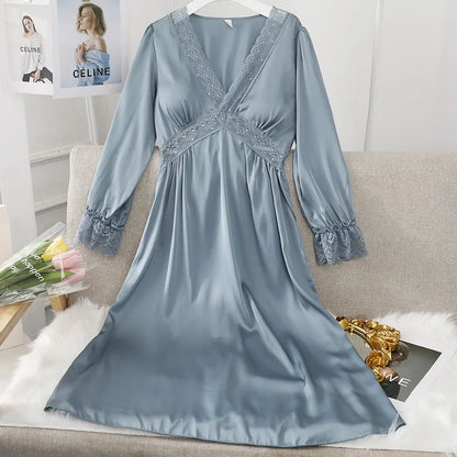 Female Long Nightdress Sexy Hollow Lace Sleepwear Home Dress Palace Style Princess Nightgown Nightwear Casual Satin Loungewear