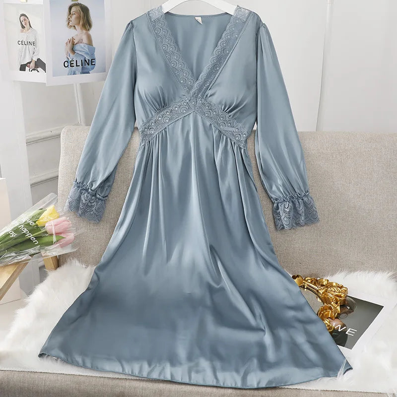 Female Long Nightdress Sexy Hollow Lace Sleepwear Home Dress Palace Style Princess Nightgown Nightwear Casual Satin Loungewear