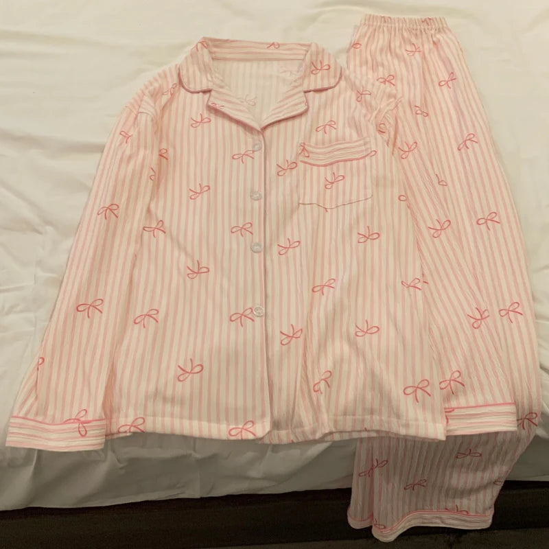 Pink Bow Tie Design Pajamas for Women Long Sleeve Top & Elastic Waist Pants Pajamas Set Harajuku Style Casual New Home Wear