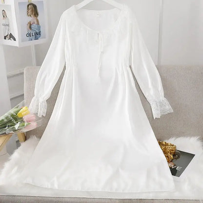 Female Long Nightdress Sexy Hollow Lace Sleepwear Home Dress Palace Style Princess Nightgown Nightwear Casual Satin Loungewear