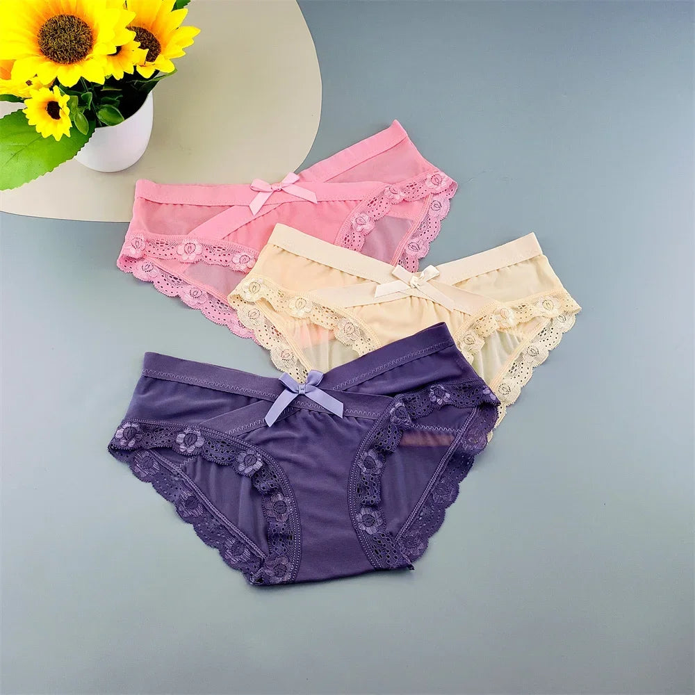 3 Pieces Hot Comfortable Mesh Briefs Women Sexy Seamless Lace Trim Underwear Cute Bow Ladies Breathable Briefs Plus Size