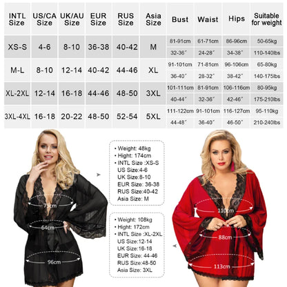 Comeondear Wedding Long Sleeve Robe Belt Sexy Lace Sleepwear 5XL Plus Size Lingerie See Through Nightgown Curve Mini Pajamas Set