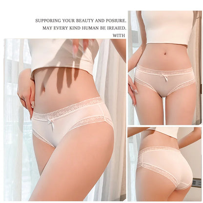 3Pcs/Set Women Ice Silk Sexy Lace Seamless Briefs Comfortable Stretchy Semi Sheer French-Cut Panties Women Underwear Breathable