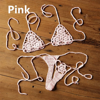 Women Sexy Handmade Bikini Sets Crochet Flower Solid Color Lace Thong String Swimwear Sunbathing Swimsuit Beach Wear Lace-up