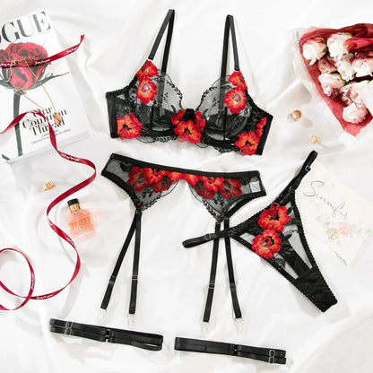 Krasapt ultrathin Floral Embroidery Sexy Lingerie 2Pcs Sets Mesh perspective Bras And Briefs Underwear Suit Fancy Erotic Set