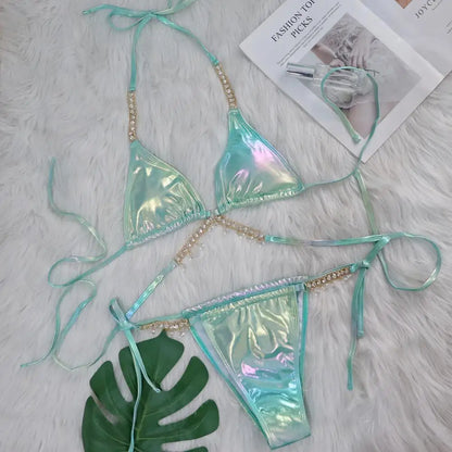 Sexy Halter Shiny Diamond Bikini Women Swimwear Female Swimsuit Laser Metallic Bikini Set Brazilian Bathing Suit Swim Beach Wear