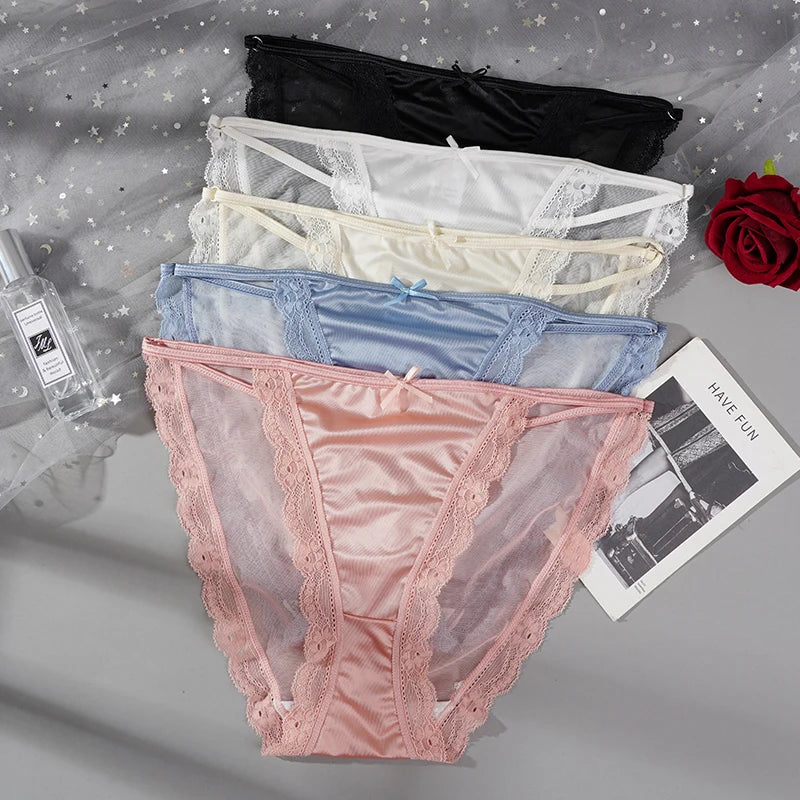 2PCS Mesh Satin Half Pack Panties Women's Ice Silk Low Rise Soft Intimates Breathable Sexy Lace Underpants Light Silky Briefs