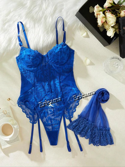 Lingerie Fancy Sexy Lace Underwear 3-Piece Transparent Spliced Bra And Panty Set Garter Intimate Sexy Women's Underwear Lingerie