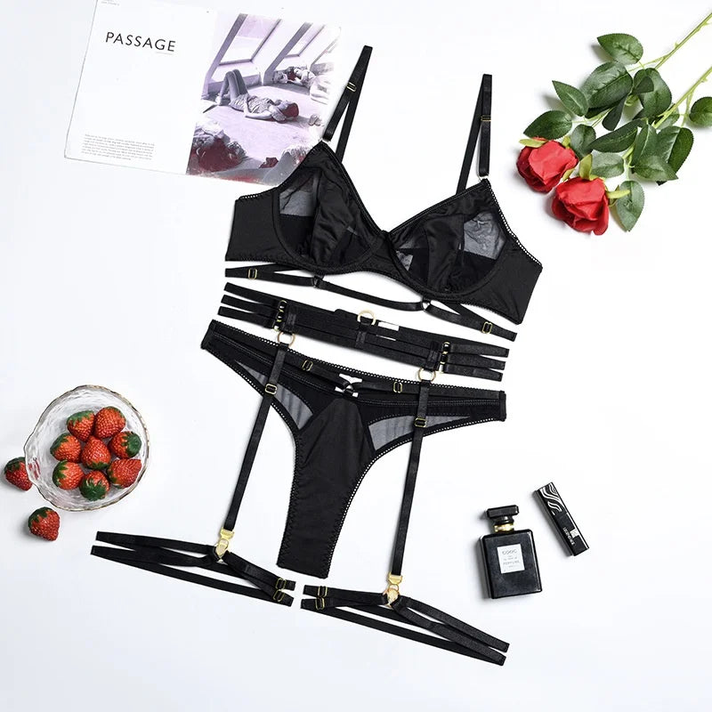 Fashion Black Bra Set Women Patchwork See Through Mesh Lingerie Set Ladies Sexy Panty Garters Transparent Underwear Set