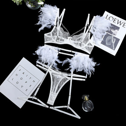 3-Piece Feather Decorated Lace Exotic Sets Women Sexy Patchwork Lingerie Set Chain Bra Panty Garter Underwear Kit For Female