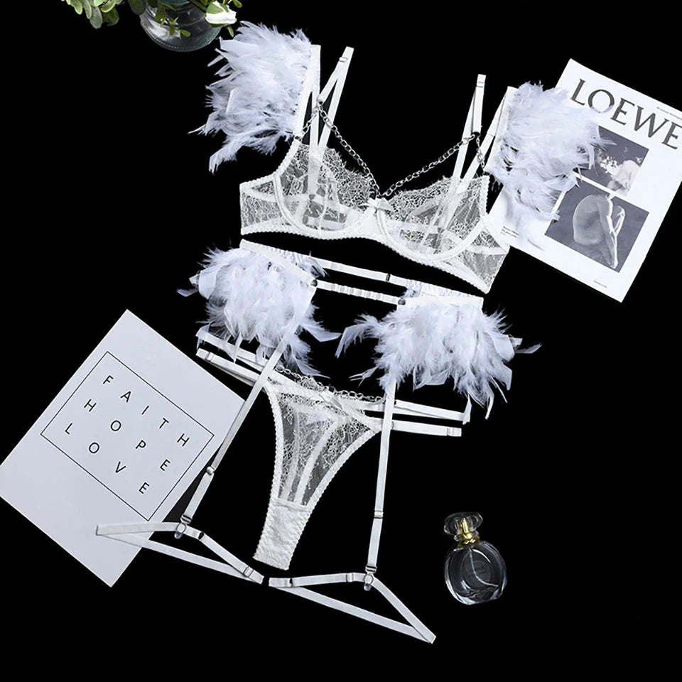 3-Piece Feather Decorated Lace Exotic Sets Women Sexy Patchwork Lingerie Set Chain Bra Panty Garter Underwear Kit For Female