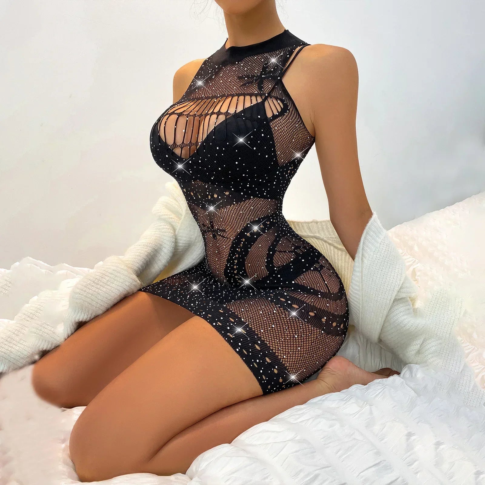 Hot Sexy Lingerie Diamond Fishnet Stockings Women Rhinestone Open Crotch Mesh Body Tights Exotic Lingerie Fishnet Bodysuit