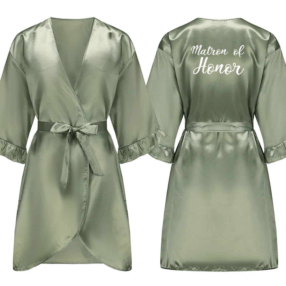 Grass Green Bride Satin-Silk Robe Women Bridal Party Sister Team Mother Shower Gift Bridesmaid Wedding Short Robes with Ruffle