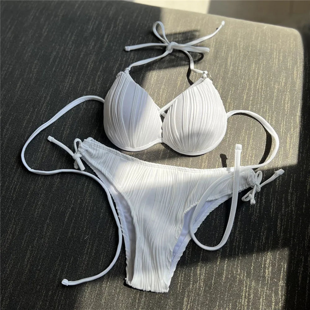 Sexy White Ribbed Swimsuit High Waisted Bikini Push Up Women String Halter Swimwear 2026 Lace-up Bathing Suit Bikinis Sets Mujer