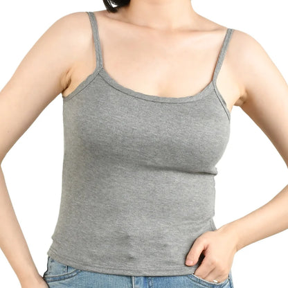 Sexy Summer Sleeveless T-Shirt  Spaghetti Strap Cropped Tank Top with Built-in Bra Fashion Solid Color Sporty Camisole