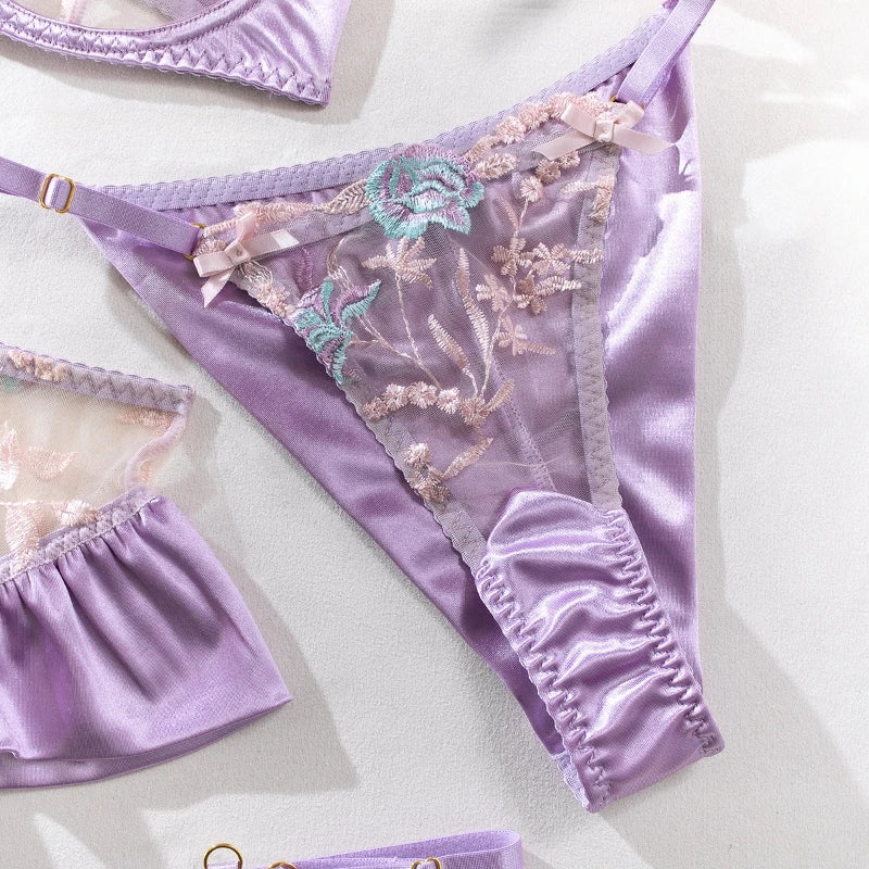 Sensual Women Lingerie Fancy Floral Sheen Silk Underwear Transparent Garter Exotic Sets Fairy Luxury Intimate Goods