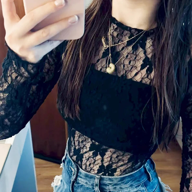 HXAO Women's Bodysuit Lace Bodysuit Autumn Black Cutwork O-Neck Long Sleeves High Spandex Bodysuits Sexy Lingerie For Fine Women