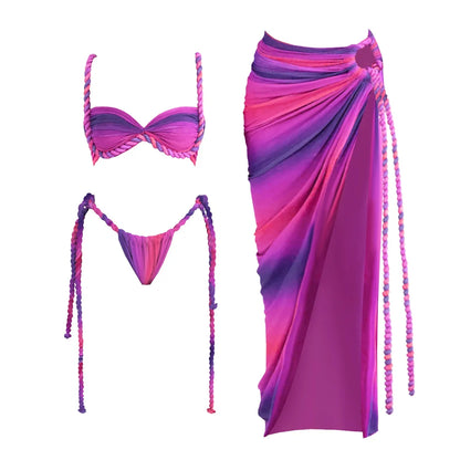 New 3Pcs Crochet Bikini Women Swimsuit Sexy Swimwear Halter Biquini Push Up Swim Suit Strappy Bodysuit Female Bathsuit Beachwear