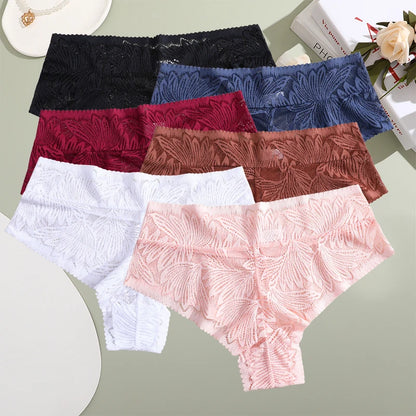 6pcs Women's Sexy Lace Breathable Panties Seamless High Waist Transparent G-String Solid Color Hollow Breathable Underwear S-XXL