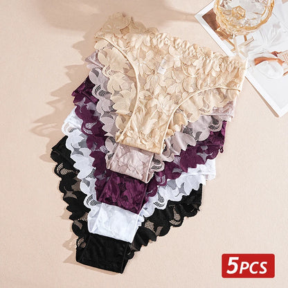 5PCS/Set Floral Lace Panties for Women Ladies Low Waist Sexy Lingerie Transparent Breathable Underwear Solid Color Briefs S-XL
