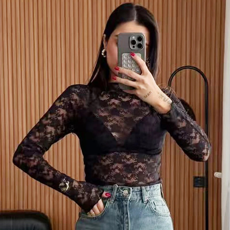 HXAO Women's Bodysuit Lace Bodysuit Autumn Black Cutwork O-Neck Long Sleeves High Spandex Bodysuits Sexy Lingerie For Fine Women