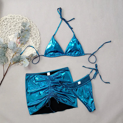 Shiny Golden Silver 3 Piece Bikini Set with Cover Up Sexy Micro Thong Swimsuit Women 2025 Drawstring Halter Swimwear Beachwear