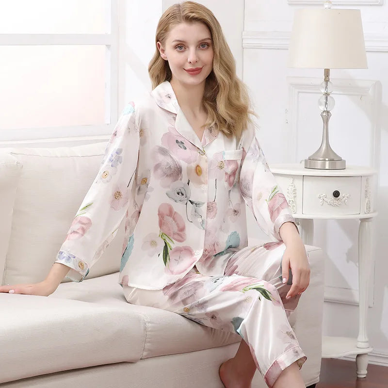 Birdtree Fall 16MM 100%Real Silk Pajama Set Women Satin Print Pyjama Pj Suit Long Sleeve Bedroom Sleepwear Set P36637QC