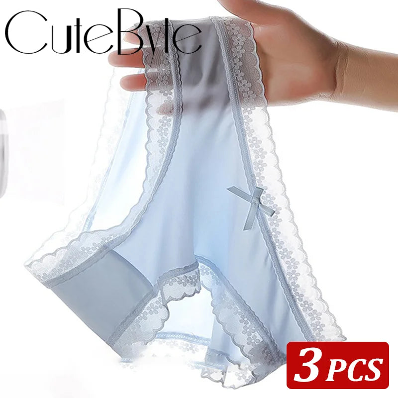 3Pcs/Set Women Ice Silk Sexy Lace Seamless Briefs Comfortable Stretchy Semi Sheer French-Cut Panties Women Underwear Breathable