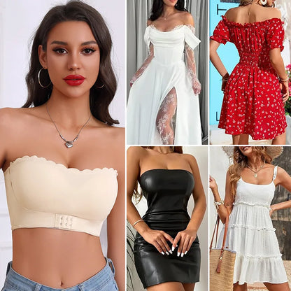 Women's Strapless Front Closure Bra Wireless Bandeau Non-slip Underwear Wavy Edge Chest Wraps Padded Push Up Tube Top Bralette