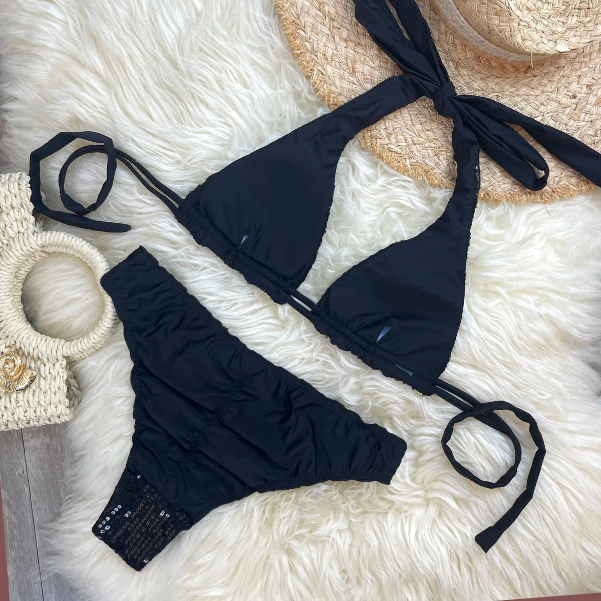 Melphieer Women's Sequins Sparkle Bikini Set Strappy Bandage Ruching Bum Two Piece Swimsuit for Beach Pool Club Holiday Outfits
