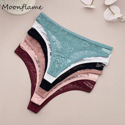 Moonflame 5Pcs Lace Thong For Women Low Rise Soft Intimates Lingerie Sexy Lace Panties Ladies Comfortable Underpants Girls Panty