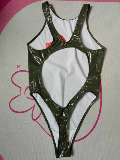 Wet Look PVC Catsuit Swimsuit Backless Shiny PU Leather Bodysuit High Cut Sukumizu Tights Hot Sexy Body Teddies Leotard Swimwear