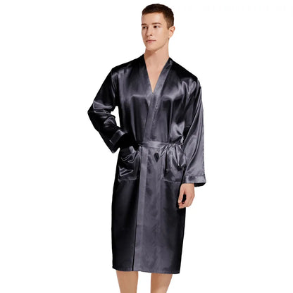 Summer New Men Solid Color Kimono Robe Satin Bathrobe Gown Summer New Sleepwear Loose Pijamas De Hombre Ice Silk Peignoir Homme
