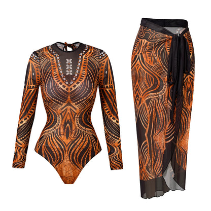 Vintage Mesh Print Swimming Suit for Women Long Sleeve High Waist One Piece Swimsuit 2025 Beach Bathing Suit Купальник