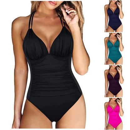 Basic Solid Color Halter One Piece Tummy Control Swimwear New Push Up Ruched Swimsuit  Beachwear Bathing Suit for Lady