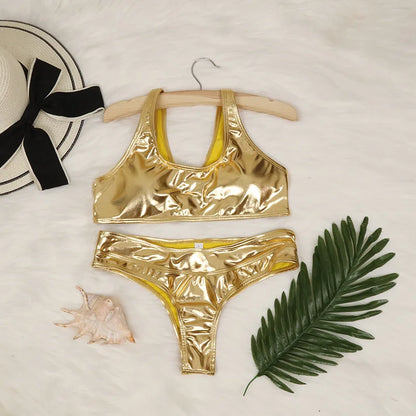 Sexy Triangle Push Up Bikini Metallic Brazilian Swimwear Women Golden Silver Side String Bikini Bathing Suit Beach Wear Biquini