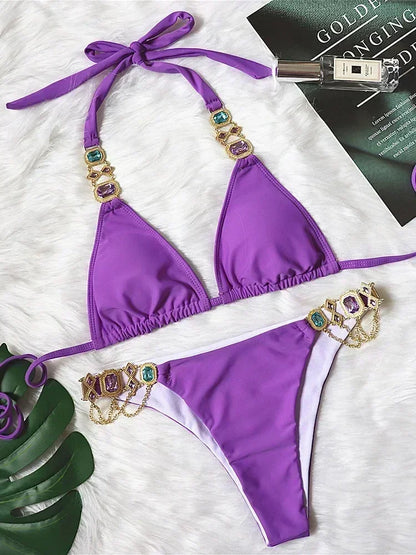 2025 Shiny Rhinestone Diamond Bikini Women Swimsuit Female Swimwear Two Pieces Bikini Set Halter Metal Chains Bathing Suit Swim